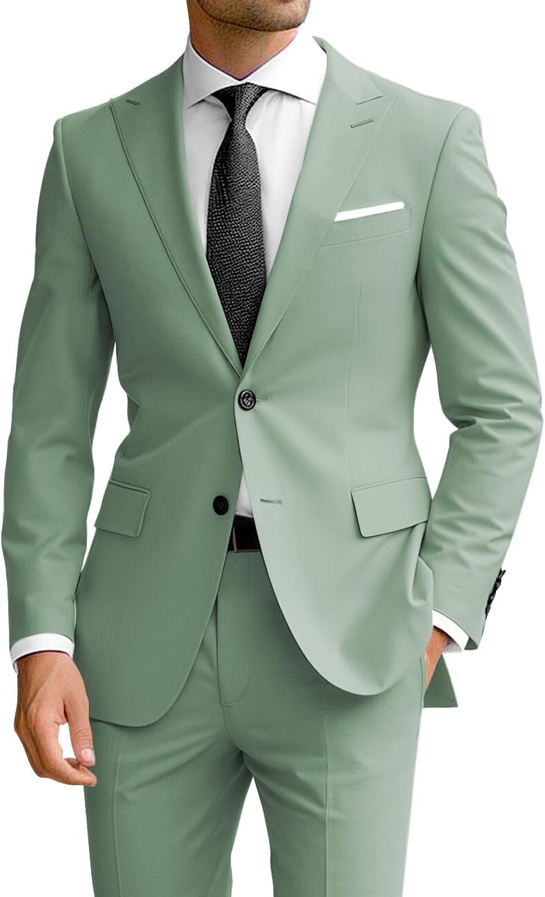 Wangyue Men's 2 Piece Suit Slim Fit Suits for Men Two Button Blazer Formal Business Jacket Suit for Wedding Prom Dinner Small Sage Green