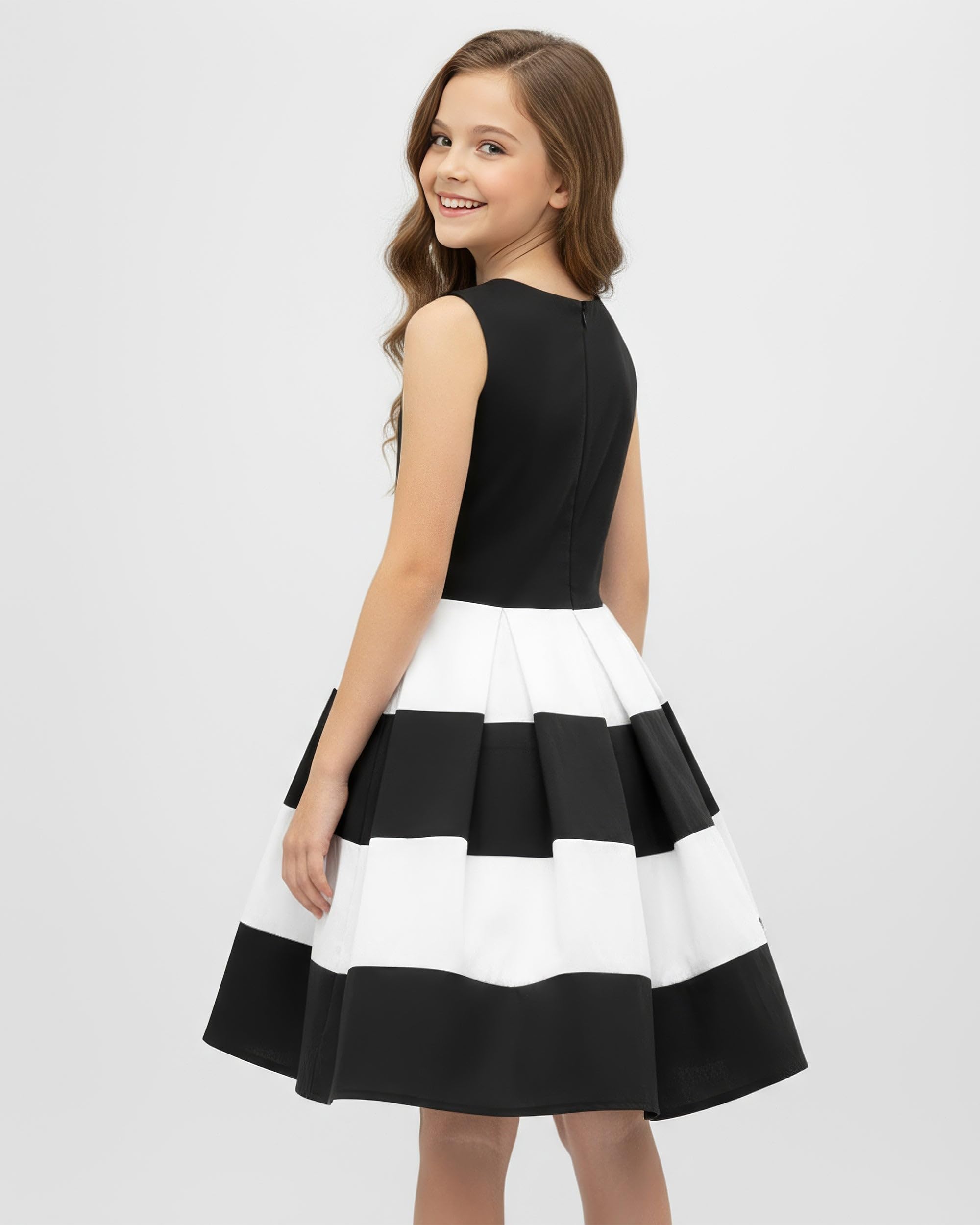 BlackButterfly Vestido Niña Lilly Rayas | Falda Plisada, Cuerpo Liso, Diseño Bicolor, Sin Mangas, Escote Redondo, Forro Interior, Cremallera Trasera, 3-14 Años