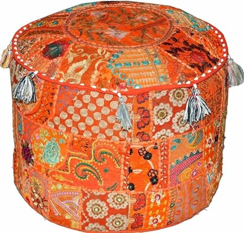 Alia Enterprises Indian Patchwork Pouf Footstool Ethnic Embroidered Pouf Cover Cotton Round Pouffe Ottoman Cover Pillow Ethnic Decor Art - Cover Only (Orange, 18x18x14 Inches)