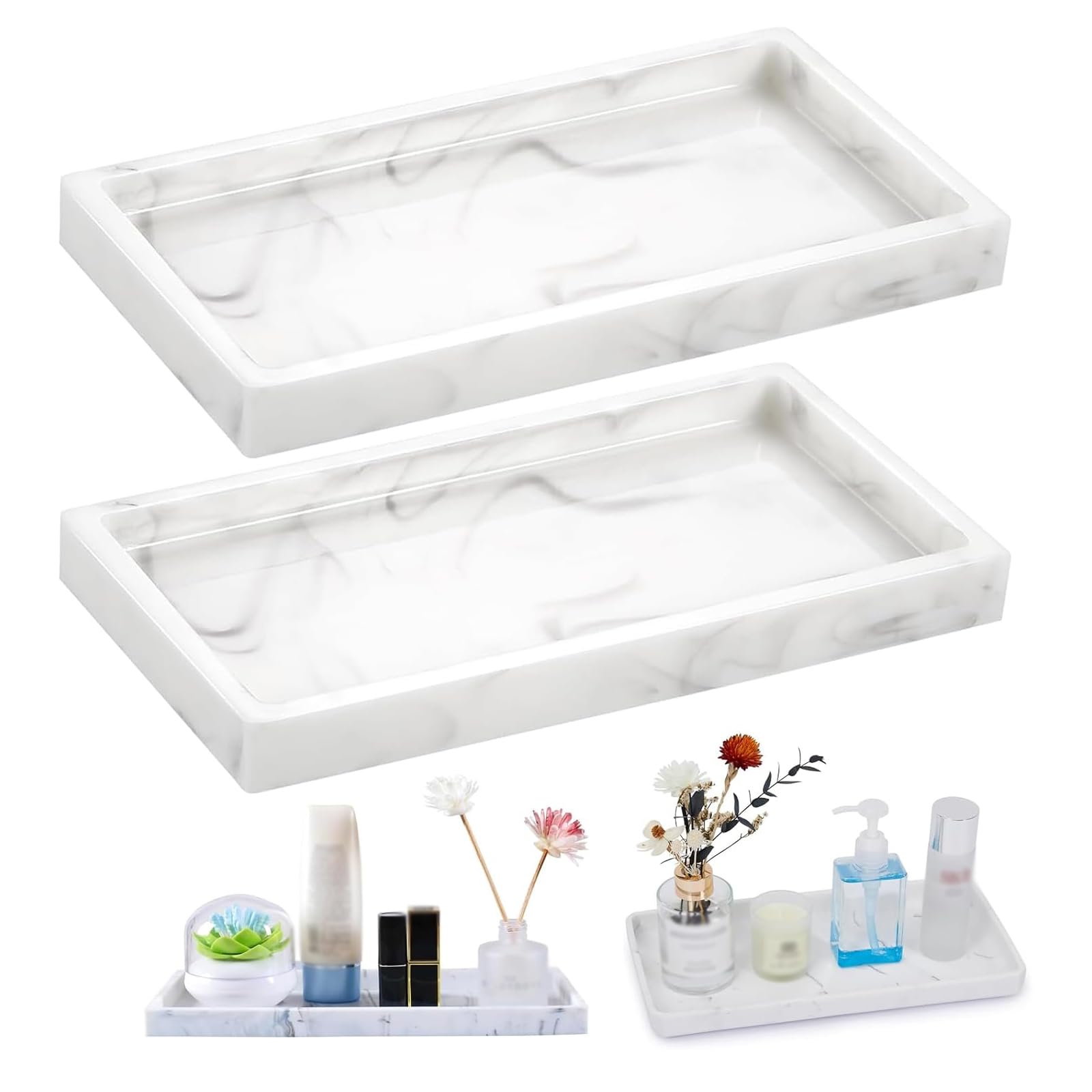 2 Pieces Trays for Cosmetics Rectangular,Shatterproof Bathroom Tray,Vanity Tray,For Fabric Candles,Towels,Small Cosmetics(20 x 10 cm,Marble white)