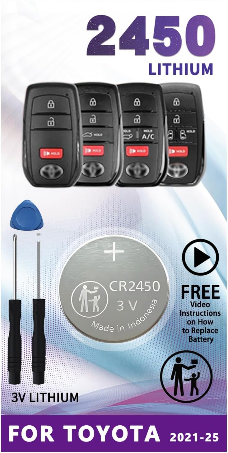 Key Fob Replacement Batteries for Toyota,CR2450 3V Lithium Batteries,for Sienna, Corolla Cross, RAV4 Prime, Venza, Prius, Tundra, Grand Highlander, Tacoma, Crown, Sequoia, bZ4x Smart Proximity Remote