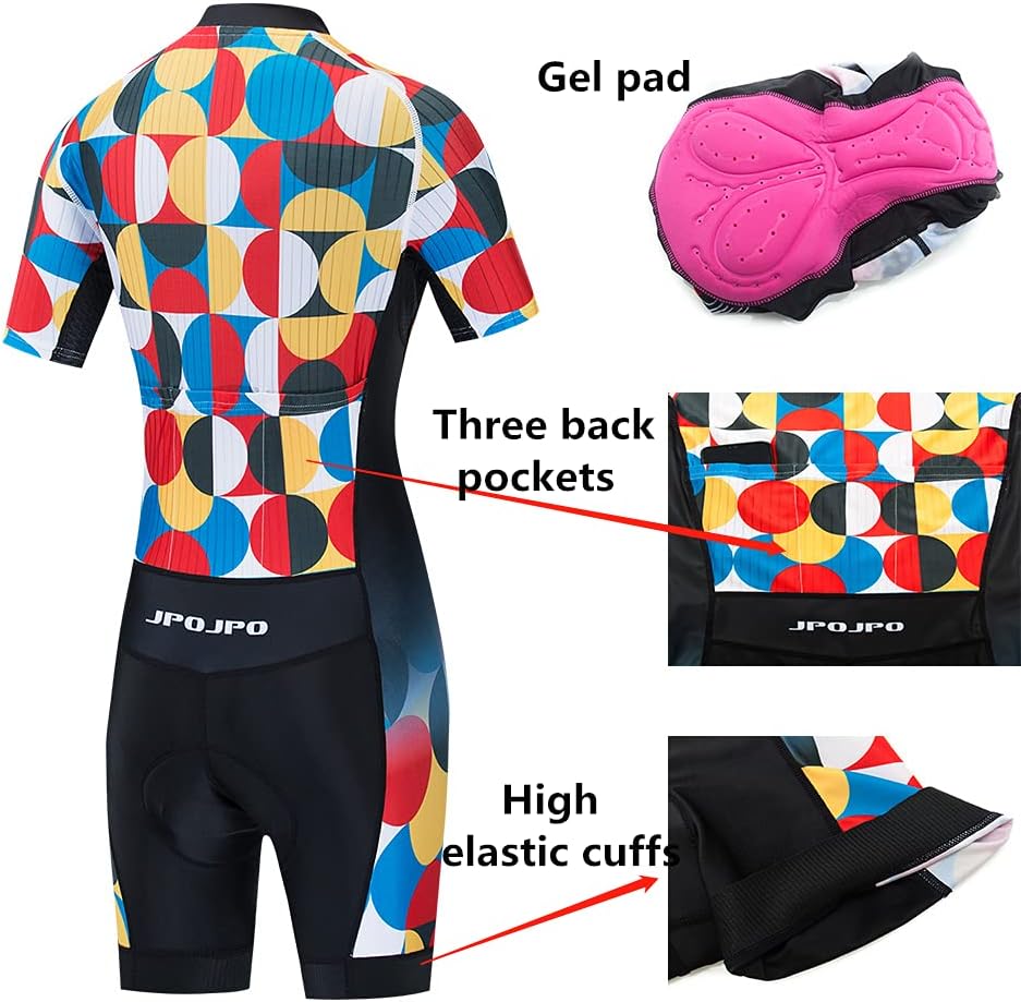 JPOJPO Women Cycling Jersey Set Short Sleeve Bodysuit One-Piece 5D Padded Bicycle Shorts Quick-Dry 3-Pockets S-3XL