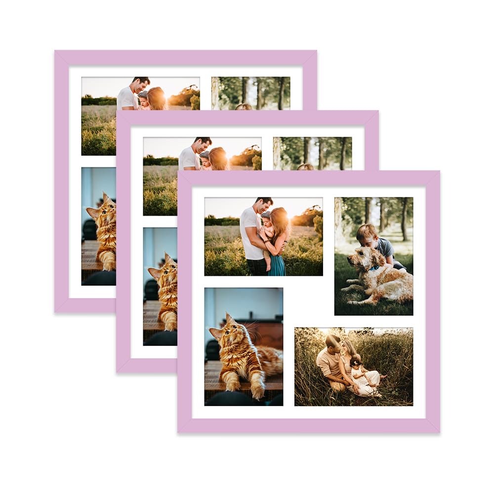 Lilac Multi Photo Frame - Holds 4 x 6x4 Pictures, Family Collage Picture Frame for Wall Display, 12x12 Frame size, Set of 3