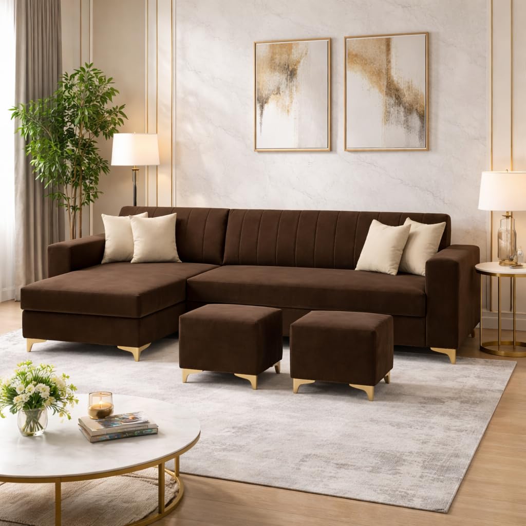 Frida Rich Velvet Suede 5 Seater L Shape Sofa Set with 2 Ottomans | Golden Aesthetic Legs | Spacious Soft Touch Comfort Seating | Modern Sectional Sofa for Living Room (Dark Brown, LHS)-image-21