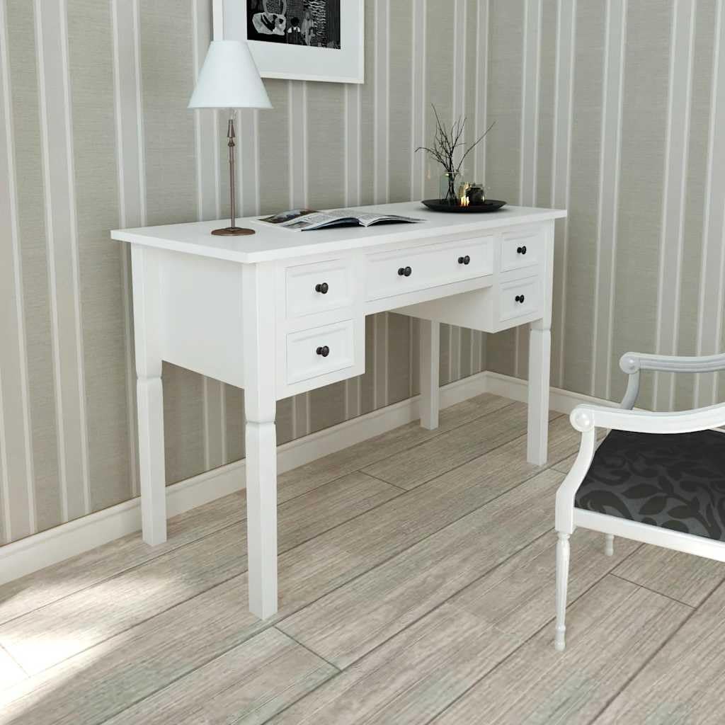 Escritorio blanco con 5 cajones, MDF y madera de pino, 109,5 x 45 x 77,5 cm