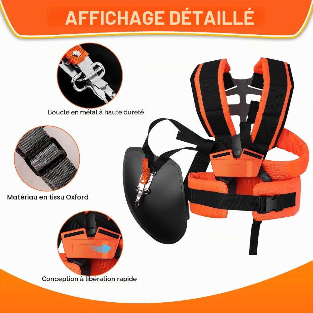 Harnais Debroussailleuse Double-Épaule Réglable, Universal Strimmer Harness Padded, Confortable Double Sangle d'épaule, pour Gardenning, Tondeuse et Débroussailleuse(Orange et Noir)