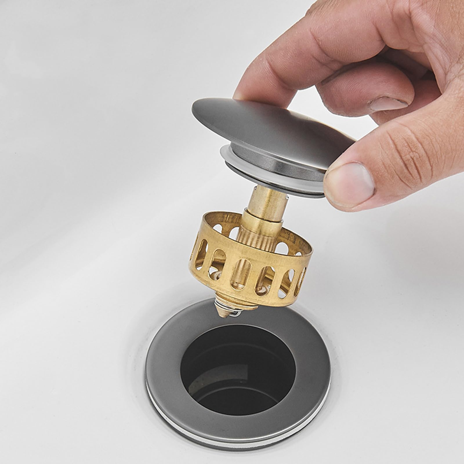 VáLvula Para Lavabo Clic Clac Tapon Lavabo Universal G1 1/4“ Valvula Desague Lavabo Para BañO Drenaje Emergente A Presión Todo Cobre,gris Pistola,Con Orificio De Rebosadero