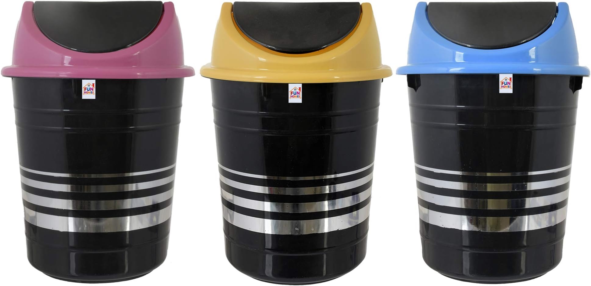 Fun Homes Plastic 3 Pieces Medium Size Swing Lid Garbage Waste Dustbin for Home, Office, Factory, 10 Liters (Pink & Blue & Yellow)