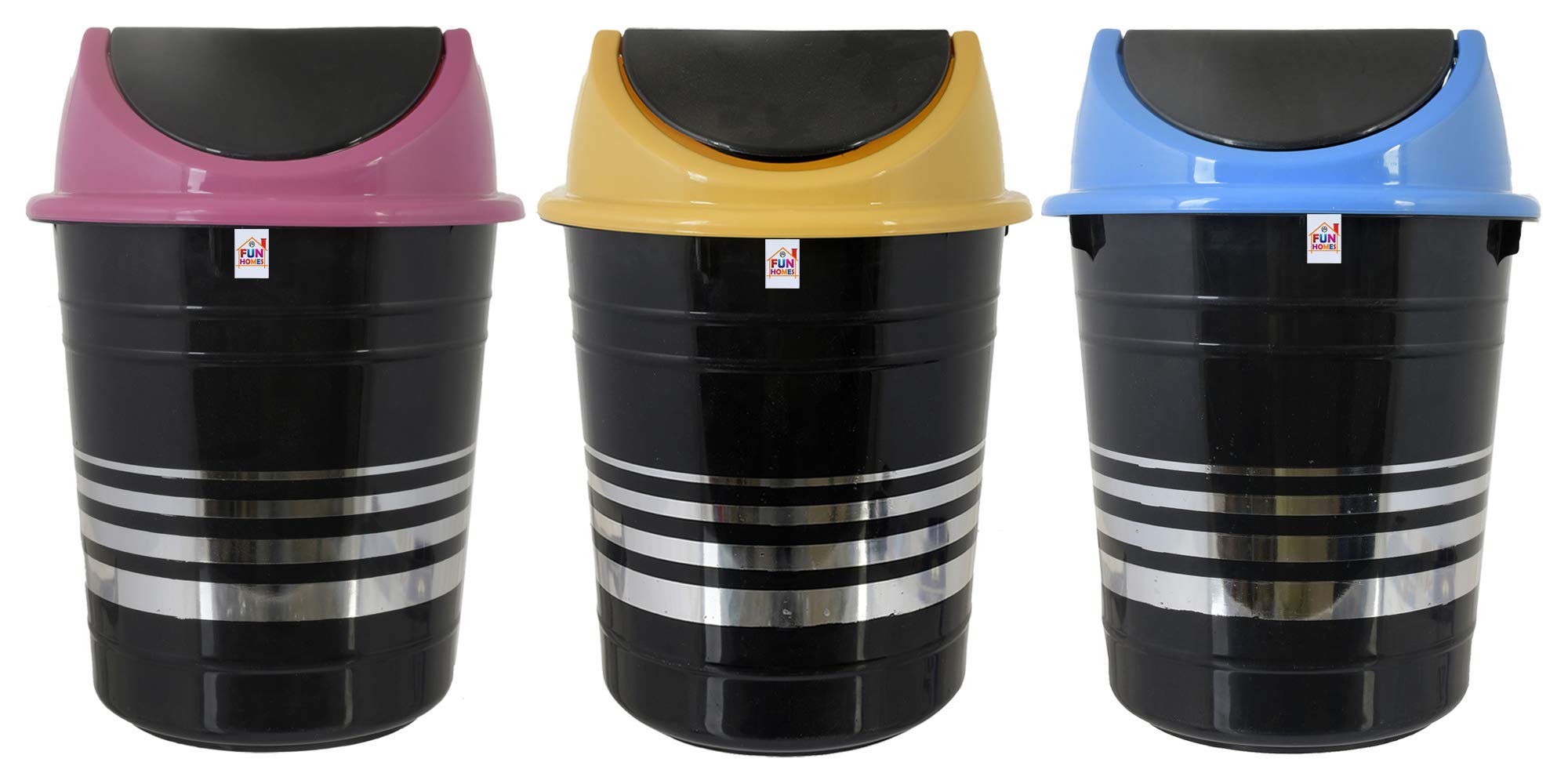 Fun Homes Plastic 3 Pieces Medium Size Swing Lid Garbage Waste Dustbin for Home, Office, Factory, 10 Liters (Pink & Blue & Yellow)