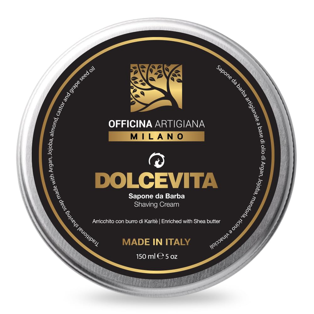 Officina Artigiana Milano Sapone da Barba Dolcevita 150ml – Sapone Artigianale da Rasatura con Burro di Karité, Argan, Jojoba – Made in Italy – Texture Ricca e Protettiva