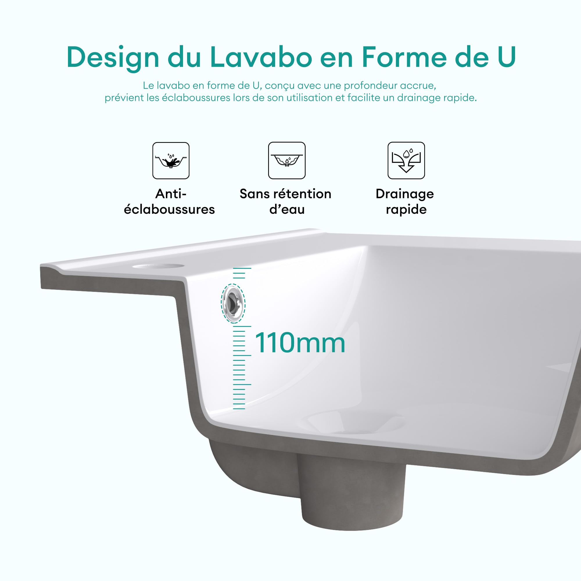 Mai & Mai Lavabo Encastré en Céramique 80cm Blanc Lave Mains Rectangulaire avec Perçage de Robinet et Trop-Plein 81x47x18cm BR912