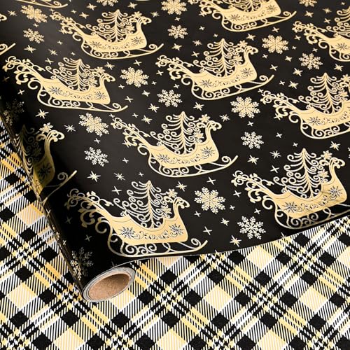Dlyrroba Reversible Vintage Christmas Wrapping Paper (Black Gold Sleigh, 17 In X 16.5 Feet)