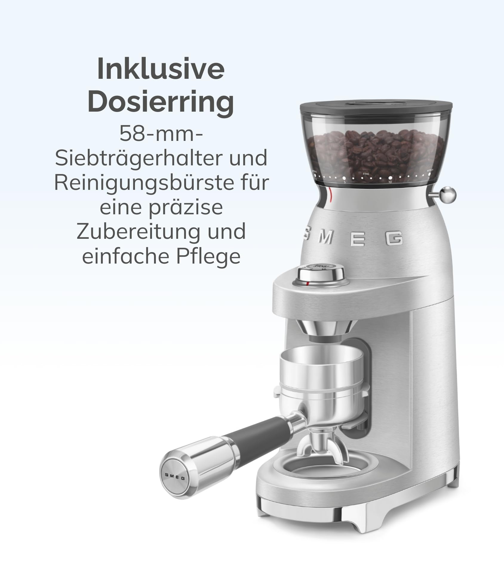 Smeg, Kaffeemühle CGF02SSEU, konisches Edelstahlmahlwerk, 50 Mahlgrad Einstellungen, 240 g Kaffeebohnenbehälter, Einzel- und Doppelkaffeefunktion, Antistatiksystem, 150W, Aluminium