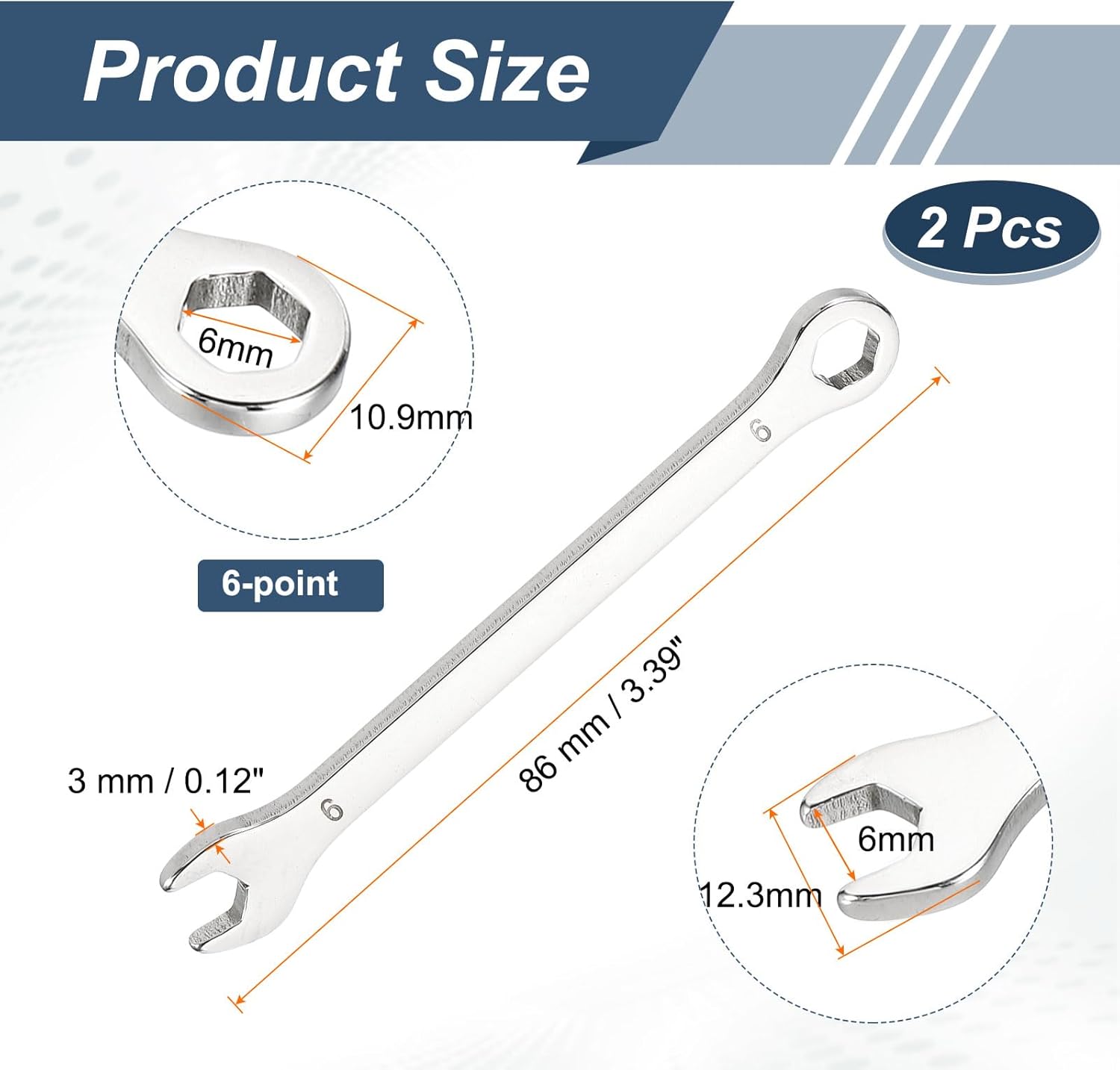 HARFINGTON 2Pcs Mini Super Thin Combination Wrench 6mm Metric 6-Point Box and Open End Stainless Steel Double Ended Spanner Tool for Automotive Pipe Furniture Machinery DIY Repair, Silver