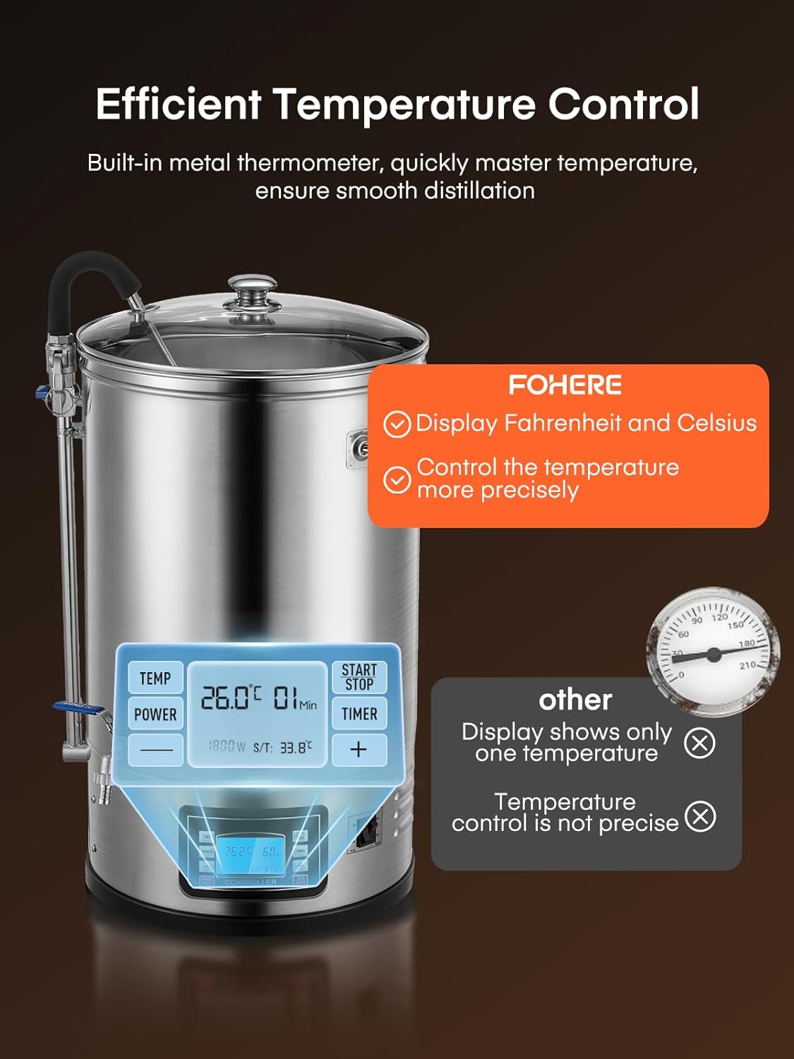 FOHERE Electric Brewing System, 9.2 Gal / 35 L Brewing Pot, All-in-One Home Beer Brewer, Stainless Steel Mash & Boil Device with 7-Step Programmable Mashing Process, 10 Recipe Memory (Silver)
