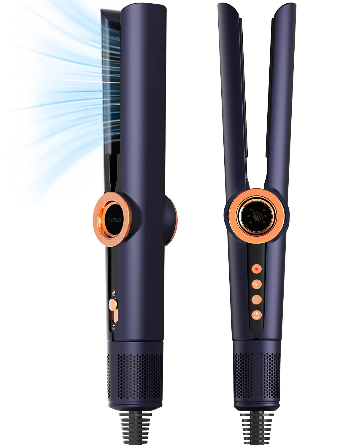 Air Piastra lisciante per capelli, 200 m, agli ioni di plasma, bagnata e asciutta, senza piastre riscaldanti, senza danni al calore, lisciatura con aria, piastra ad aria per acconciatura (Blu navy)