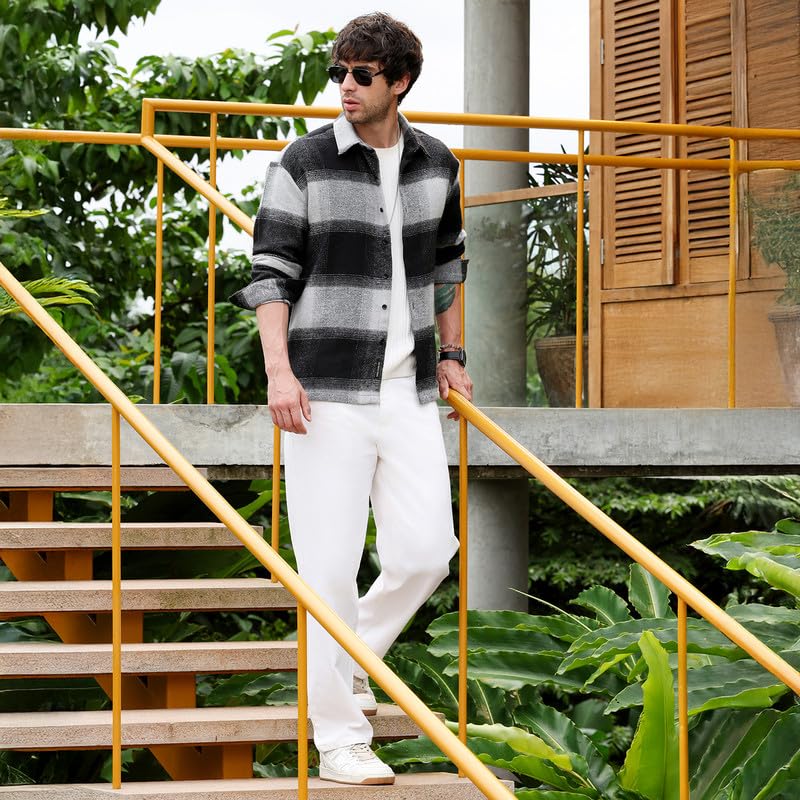Image of CAHOOT MenShirt | Spread Collar, Long Single-Button Cuff Sleeves | Button, Straight Hem | Plaid Twill | Woven Fabric for Casual Coin Grey:Midnight Black