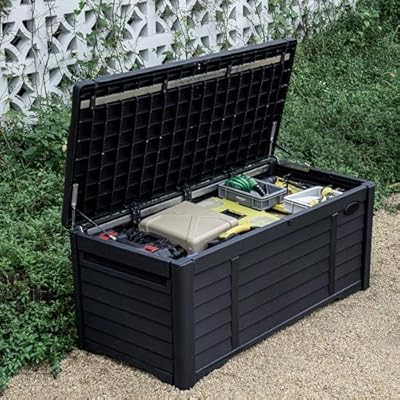 DWVO Outdoor Storage Deck Box, 120 Gallon Capacity, Waterproof Storage Bench, Lockable Lid, Resilient Resin Construction, Black