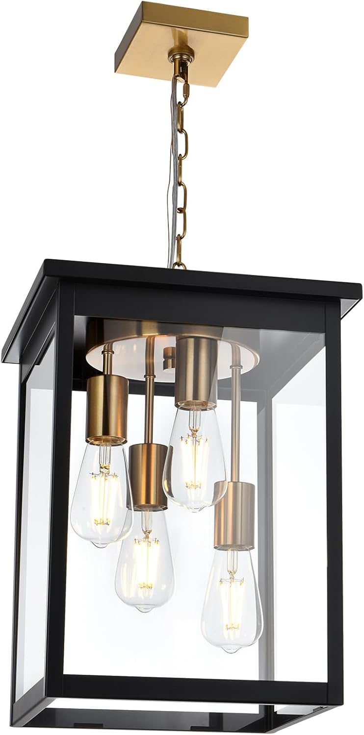 todoluz outdoor pendant light fixtures, 4-lights large outdoor ceiling hanging lanterns in black & brushed brass, farmhouse exterior chandelier for front door entry patio black & brushed nickel