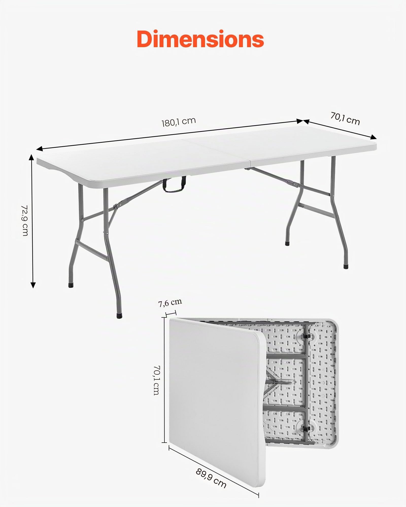 VEVOR Table Pliante Rectangulaire en Plastique, Table Utilitaire Portable de 180 cm, Solide et Stable, avec Poignée Intégrée, pour Soirée, Pique-Nique, Camping, Intérieur et Extérieur, Blanche
