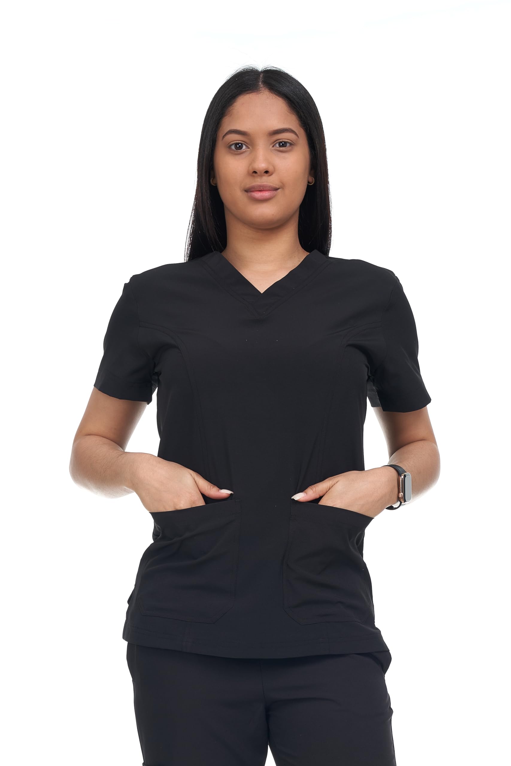 Nurse Scrub Tops for Women, Relaxed Fit, Lightweight Cotton Blend, Flexible Comfort, 4 Way Stretch (US, Alpha, Medium, Regular, Regular, 1, Black)