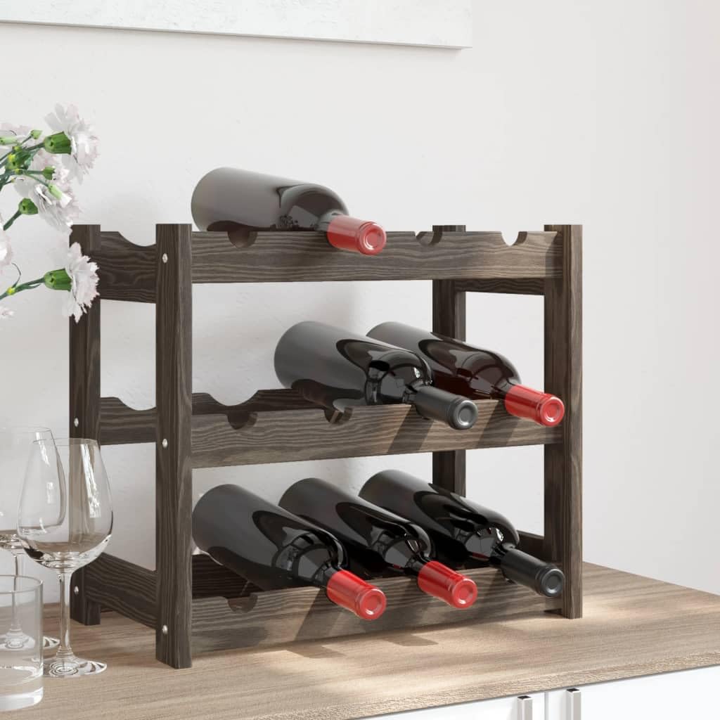 Weinregal für 12 Flaschen aus massivem Kiefernholz Grau mit 3 Ablagen Wellen-Design für Lagerung und Aufbewahrung im Esszimmer, Küche, Keller, Bar, Speisekammer