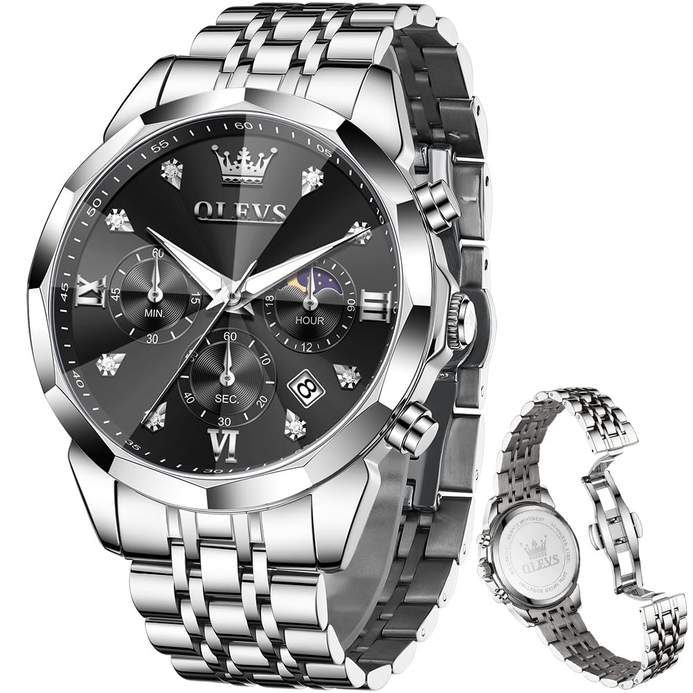 OLEVS Men Luxury Gold Diamond Chronograph Watch 3670: Black/Silver - Image 1
