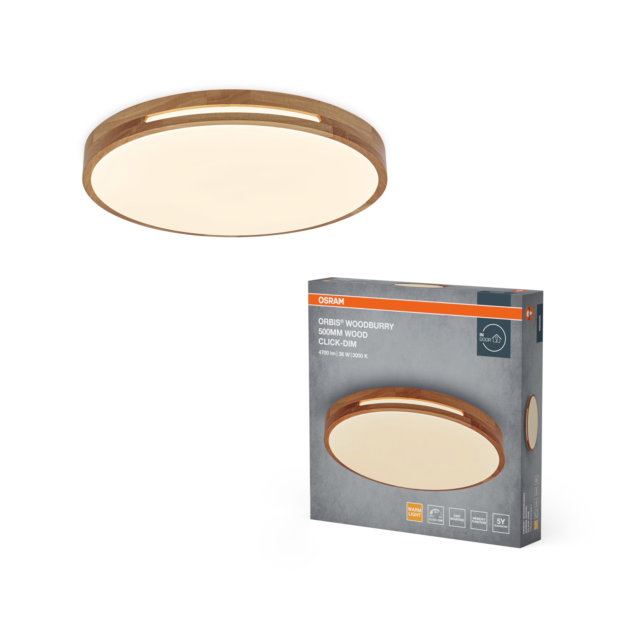OSRAM ORBIS Woodburry LED wall/ceiling light with wood decor, 36 W, 1,500 lm, 3,000 K, 500-mm diameter, 830 friendly warm white, IP20 protection, mounting screws and dowels included