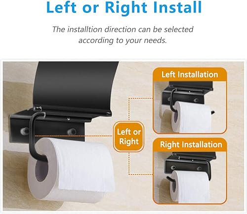 Miniatura 4 de Soporte de papel higiénico negro mate montado en la pared con estante para teléfono, soporte universal moderno para papel higiénico de megarrollo,