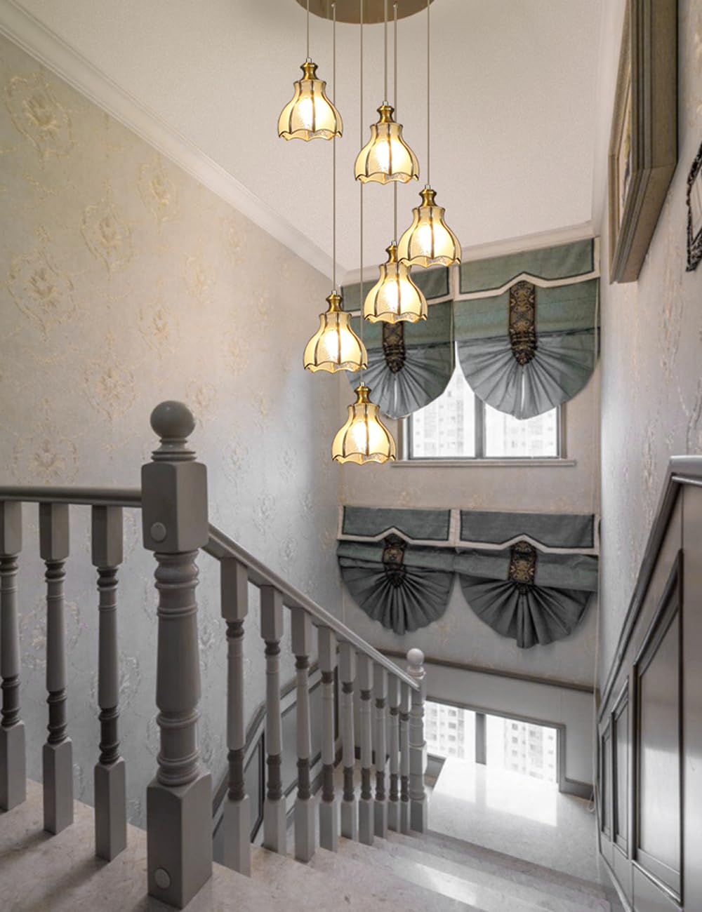 PCXEHUYP Copper Lamp Staircase Chandelier, Minimalist Pendant Light, Duplex Hollow Living Room Loft Chandelier Modern Creative Hotel Villa Stairwell High Ceiling Light(Size:6 lights)
