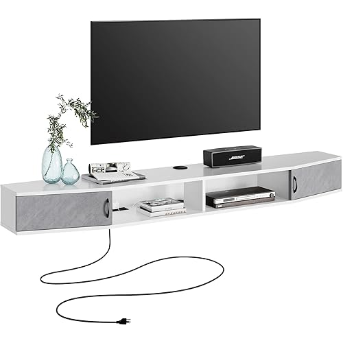 FITUEYES Wall Mounted Media Console with Power Outlets 70", Floating TV Stand Component Shelf for 70 inches TV, Entertainment Storage Shelf for Living Room,White&Grey