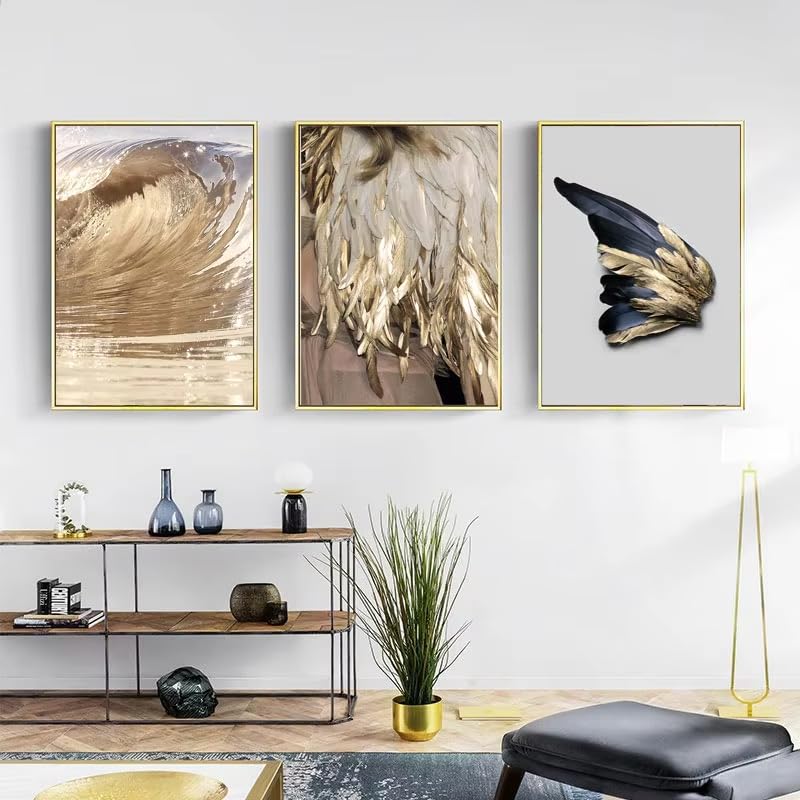 Impressions sur toile style nordique moderne LSYALUCK tableau plumes dorées cadre intérieur