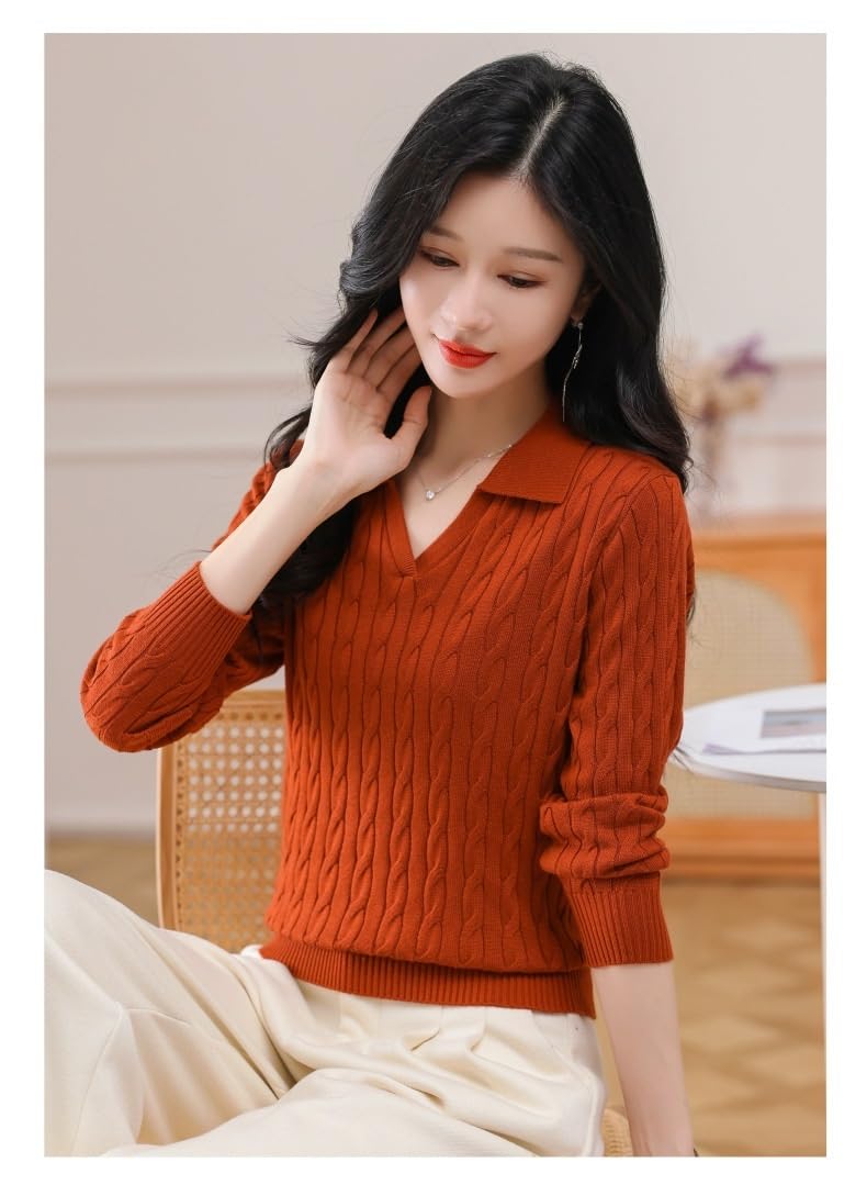 Maglioni da Donna con Scollo a V, Maglione Lavorato a trecce, Pullover Casual Elegante, Top Autunno Inverno alla Moda(Red,XL)