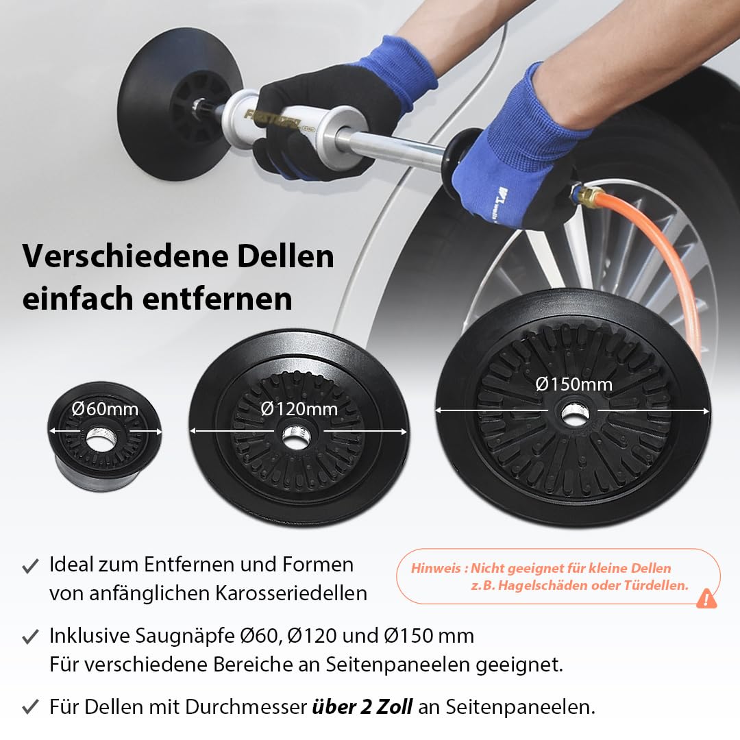 FIRSTINFO Pneumatischer Dellenzieher Set mit Gleithammer 3 Saugnäpfen und 20 Klebeadaptern Druckluft Ausbeulwerkzeug für lackfreie Auto Dellenreparatur, A1501EUY1