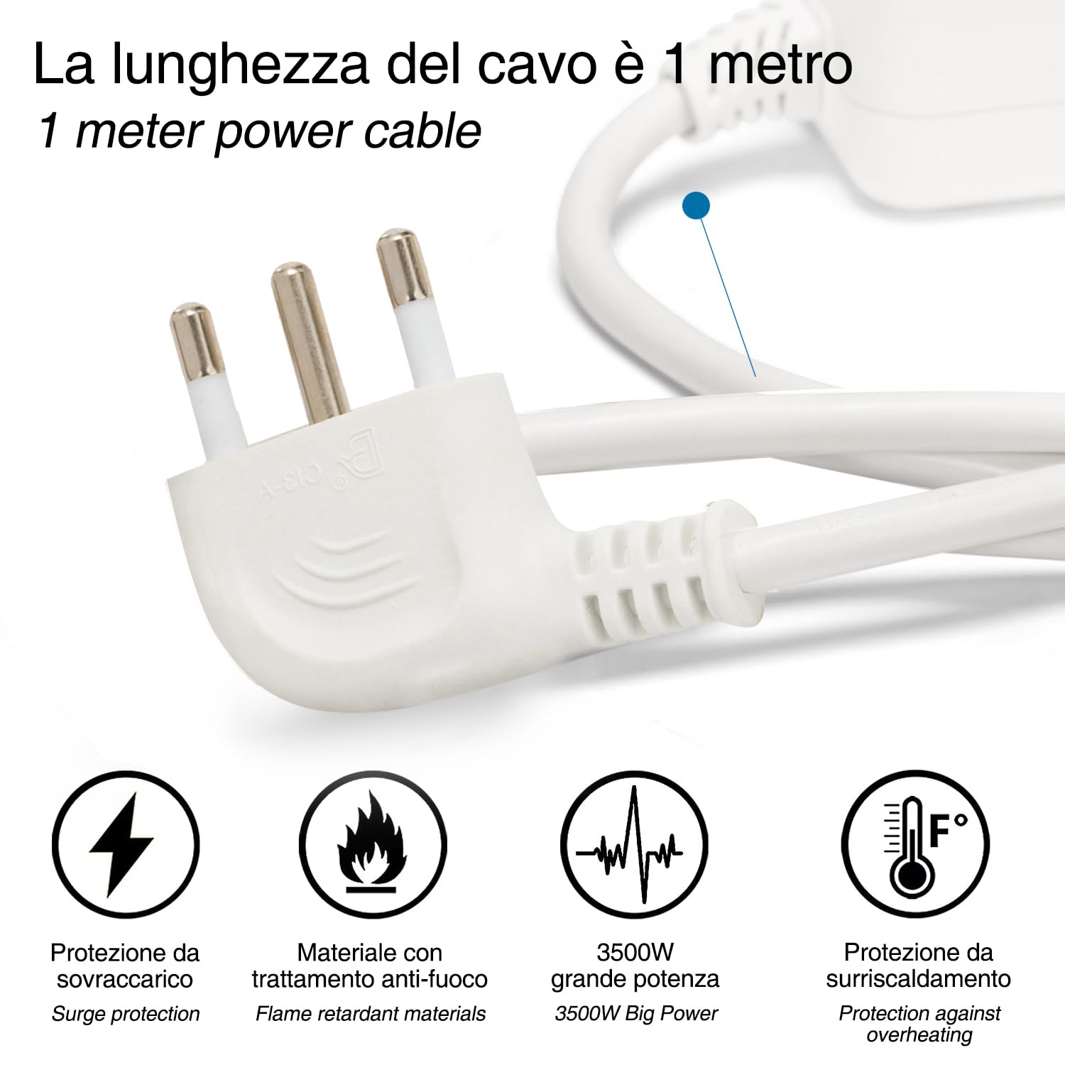 VELAMP - Ciabatta Multipresa Piatta a Presa Multipla (2 Prese Schuko + 10/16A e 4 Prese 10/16A), Ciabatta Elettrica Multipresa con Spina 16A, Cavo 1m, Interruttore Luminoso, Presa Sicura - Bianco