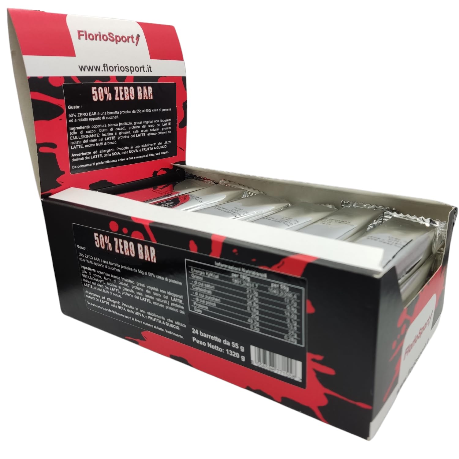 Barrette Proteiche Senza Zucchero 50% Zero Bar FlorioSport 24 pz da 55g al 50% di Proteine del Siero del latte isolate Whey - Peso Netto 1320g (Cioccolato Fondente)