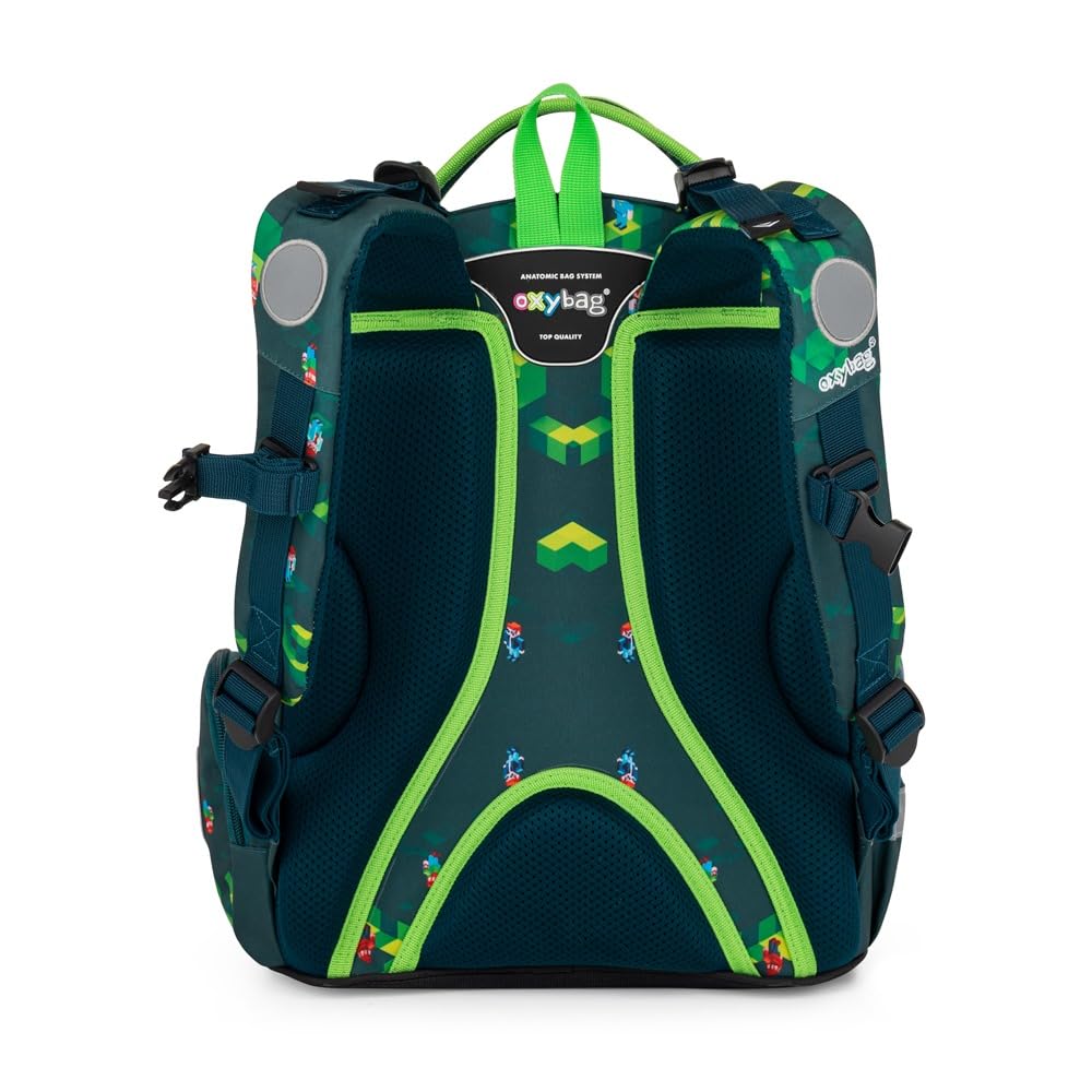 OXY GO - Mochila escolar (3 piezas, para 1 a 3ª clase: mochila ergonómica, estuche y bolsa de gimnasia), con elementos reflectantes para mayor seguridad, ideal para niños, Mundo del juego