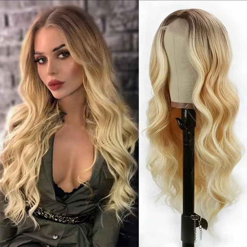 Alipearl Hair Long Ombre Blonde Lace Wigs For Women 26 Inch Honey Blonde T Part Lace Front Synthetic Hair Wig Natural Wave Middle Part Heat Resistant Synthetic Wigs