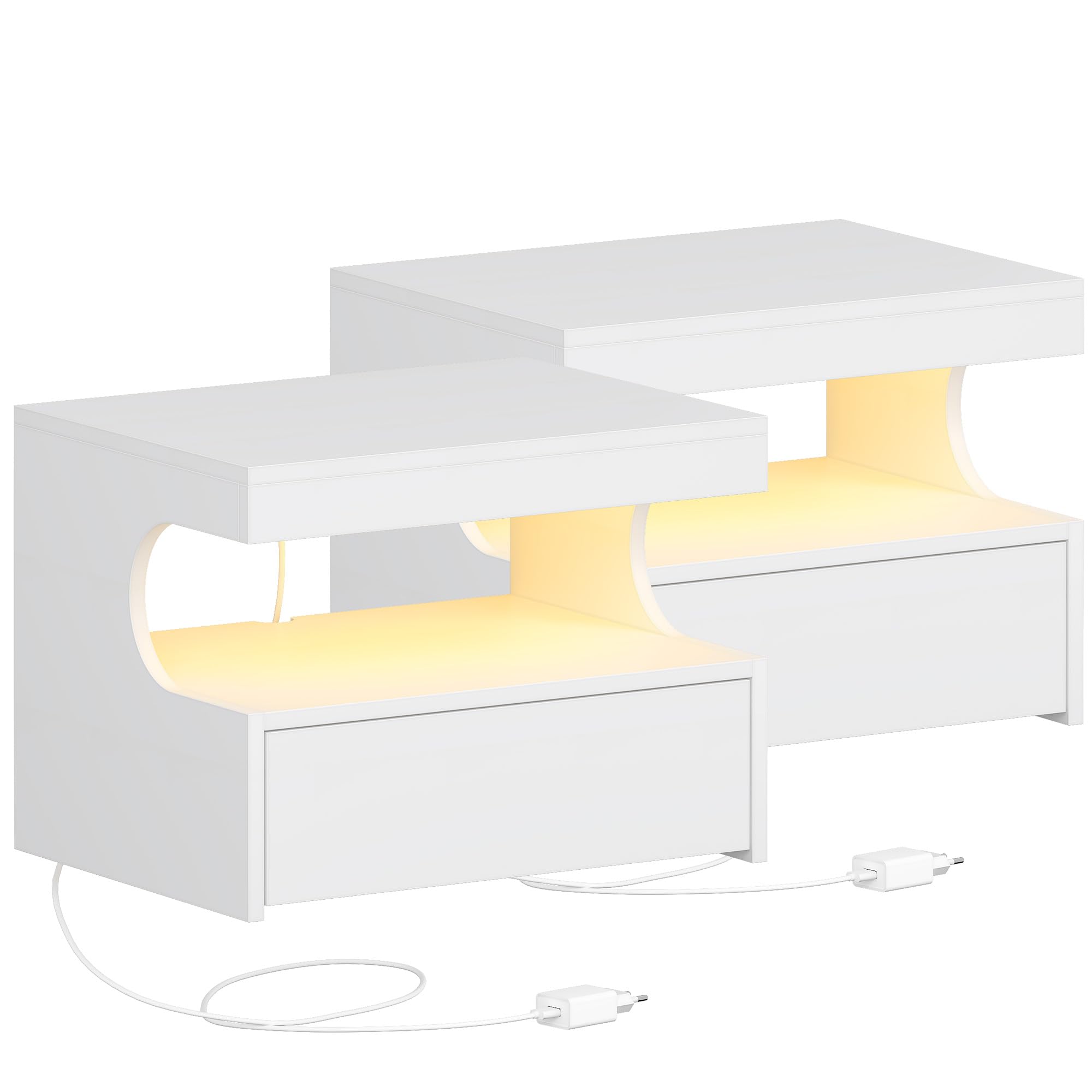 Hzuaneri Table de Chevet Suspendue Lot de 2, Table de Nuit Suspendue LED, Tables de Chevet Murale avec 1 Tiroir Coulissant avec Espace Ouvert, Moderne, pour Chambre à Coucher, Salon, Blanc NS50403XEU