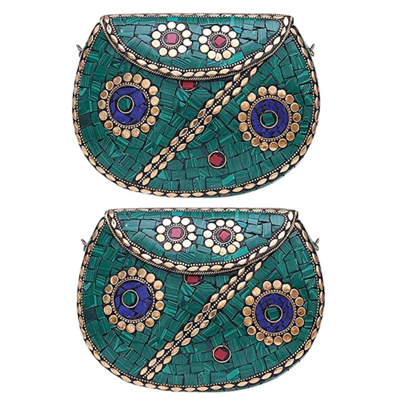 RUKMINI Bridal Women's Antique Brass Purse Ethnic Handmade Metal Clutch Bag Pack of 2, Green-image-16