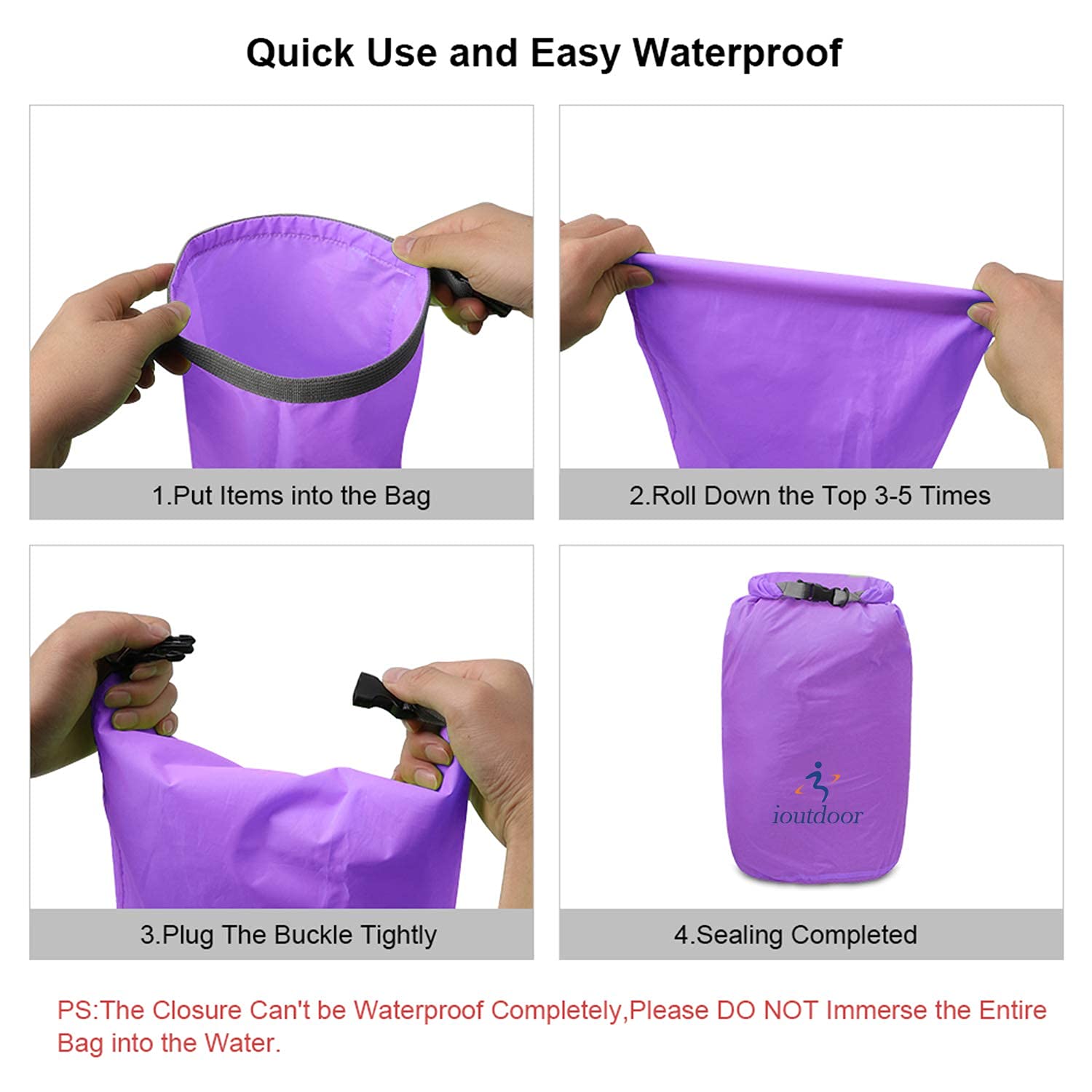 Trockentaschen-Set, wasserdicht, leicht, für Paddelboard, Kajakfahren, Angeln, Camping, Wandern, Zuhause, 6er-Pack, Violett, 2L + 5L + 10L + 20L+ 40L+ 70L, Trockentasche