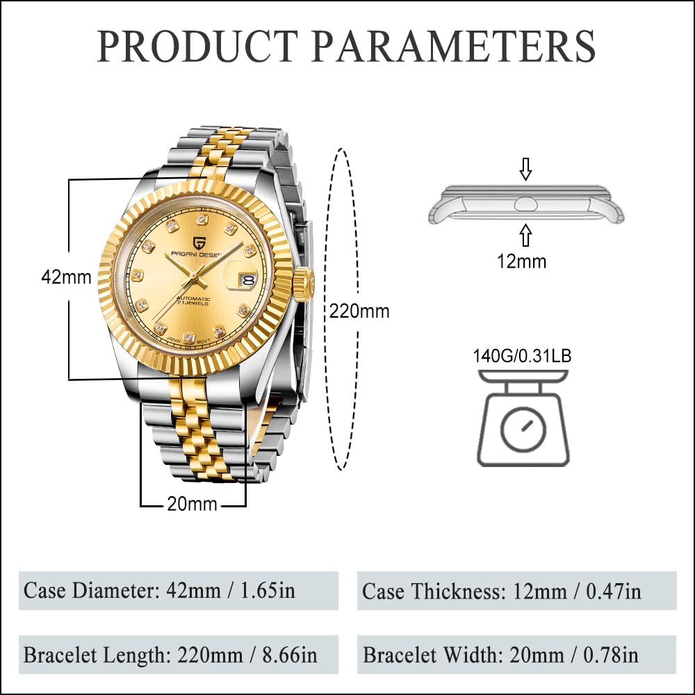 Pagani Design Men's Automatic Watch Japan NH35 Automatic Movement, 42mm Sapphire Crystal 316L Stainless Steel Homage Watch, 100M Water Resistant Fluted Bezel Luminous Calendar