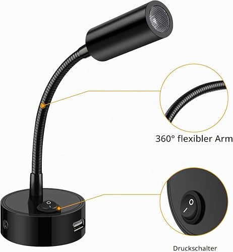 ERWEY 2pcs 12V LED Reading Lights for Motorhome with Flexible Gooseneck and USB Charging Port 3000K Warm White DC 10-30V Interior Lighting for Boat Caravan Yacht, Black - 5