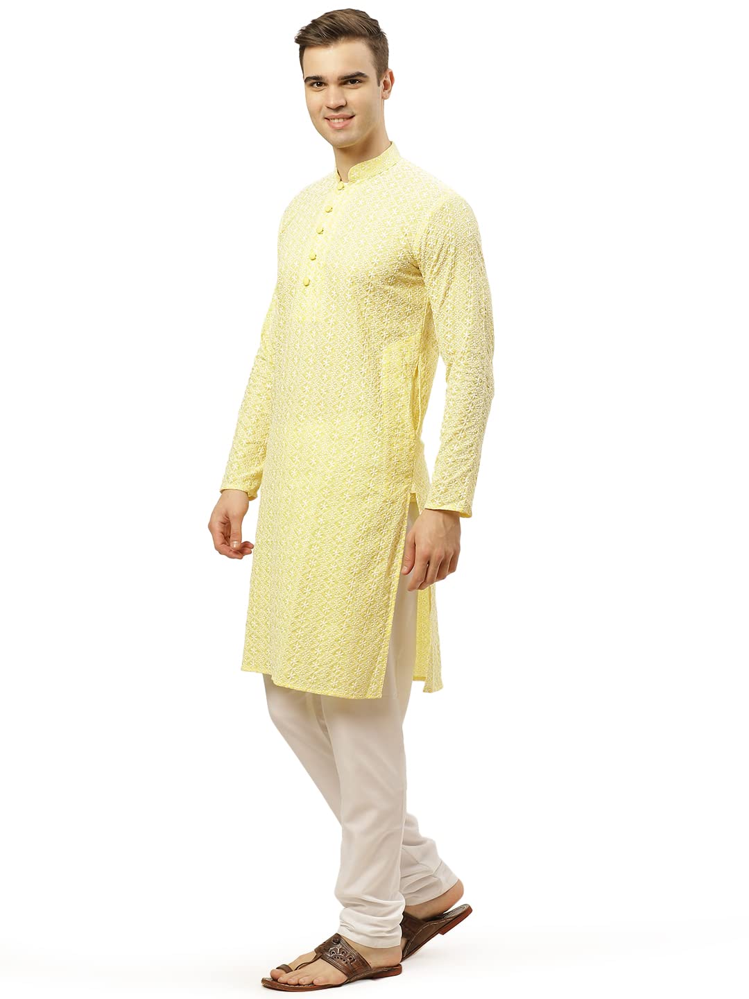 Jompers Men's Yellow & White Embroidered Straight Kurta Pyjama Set. (Yellow, Xxl)