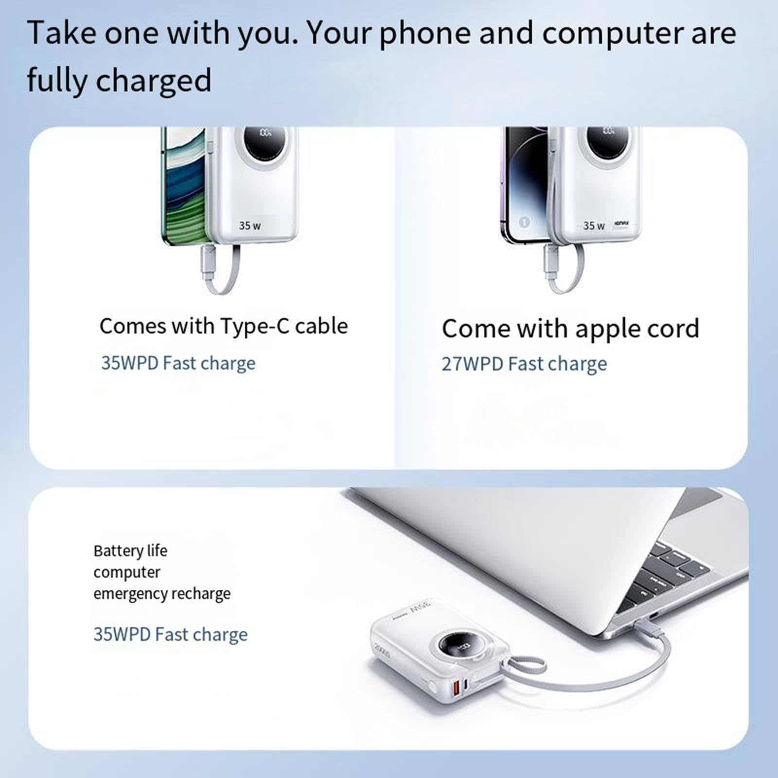 Power Bank Portatile, Power Bank da 20000 mAh con Cavo Integrato, Ricarica ad Alta Potenza da 35 W, per telefoni cellulari iOS e Android, Ricarica Rapida,Black