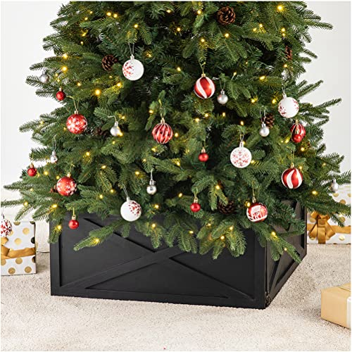 Glitzhome Christmas Tree Collar, Tree Collars for Artificial Trees, 22' L Washed Black Wooden Tree Collar Christmas Tree Base Cover Tree Skirt Collar for 7.5ft Tree