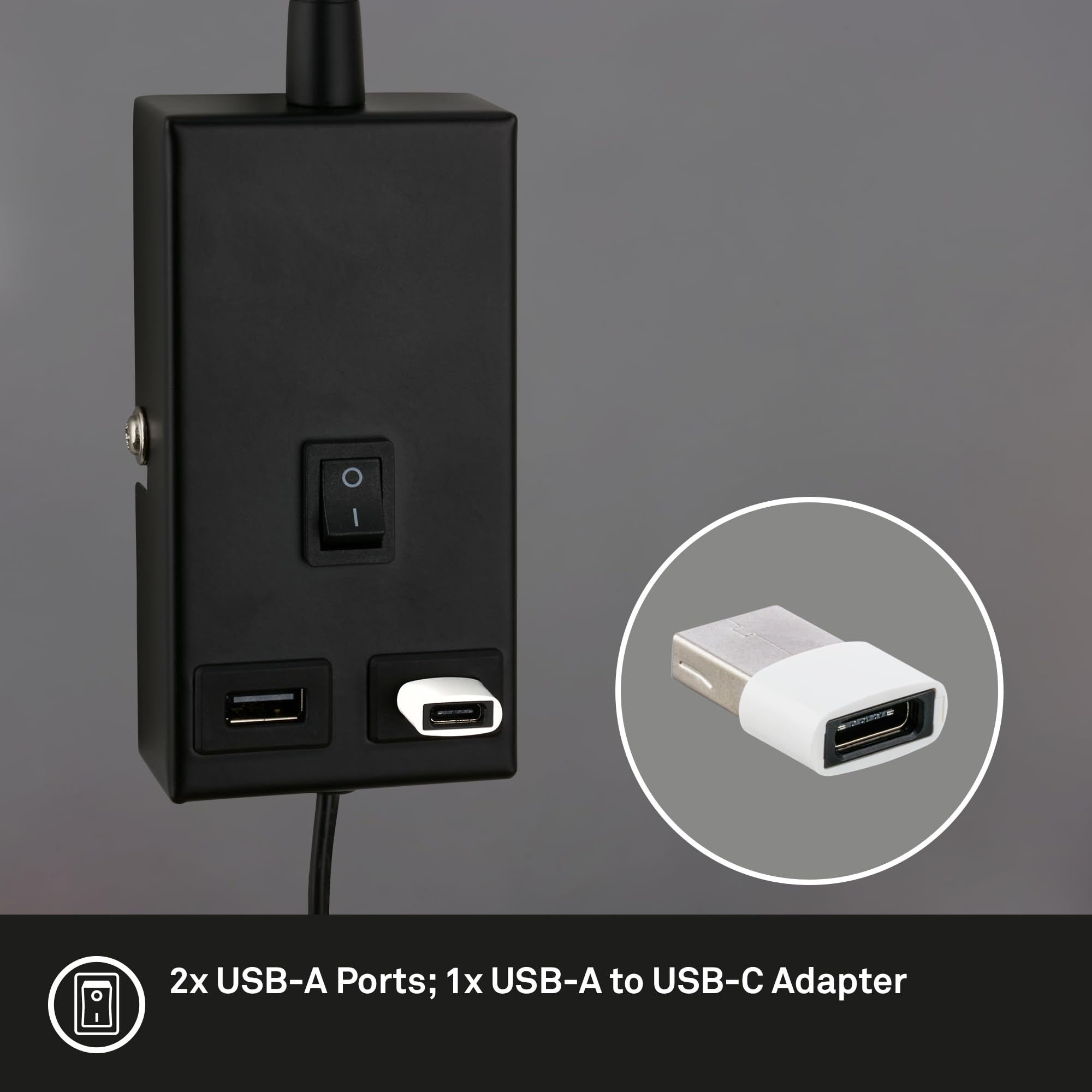 Briloner - Lámpara de lectura con puerto USB, interruptor on/off, giratorio, enchufe, aplique de interior, lámpara de pared, lámpara de cama, 50 cm de altura, negro