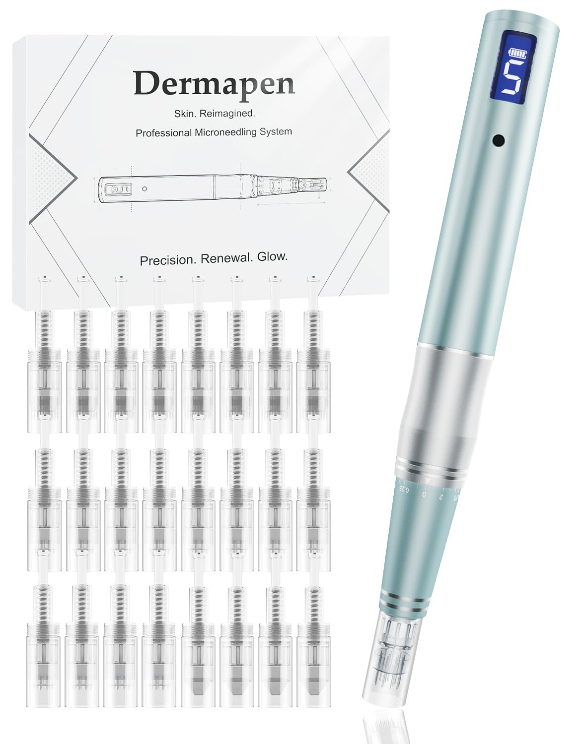 Professionelles elektrisches Dermapen-Set | LCD-Display | 5 Geschwindigkeitsstufen | 24 Ersatznadeln | Microneedling-Gerät für Zuhause & Kosmetikstudio | Elektrischer Dermapen für Hautpflege, 12-Pin, 36-Pin & Nano Kartuschen, gleichmäßiger Motorlauf, ergo