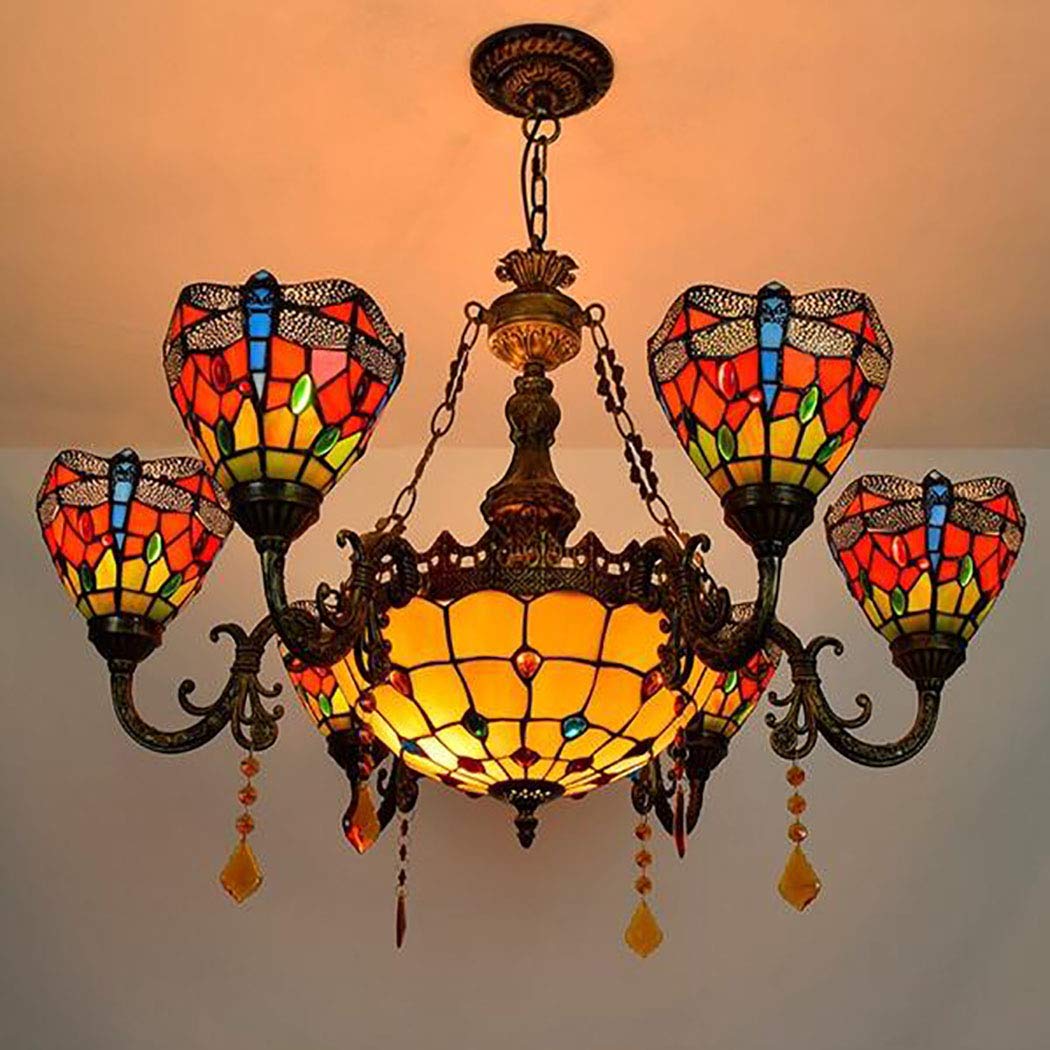 Żyrandol W Stylu Tiffany W Stylu Wiktoriańskim Z 6 Światłami, Europejska Czerwona Lampa Wisząca Z Wielogłowicowym Szkłem W Kształcie Ważki Do Salonu, Jadalni I Willi