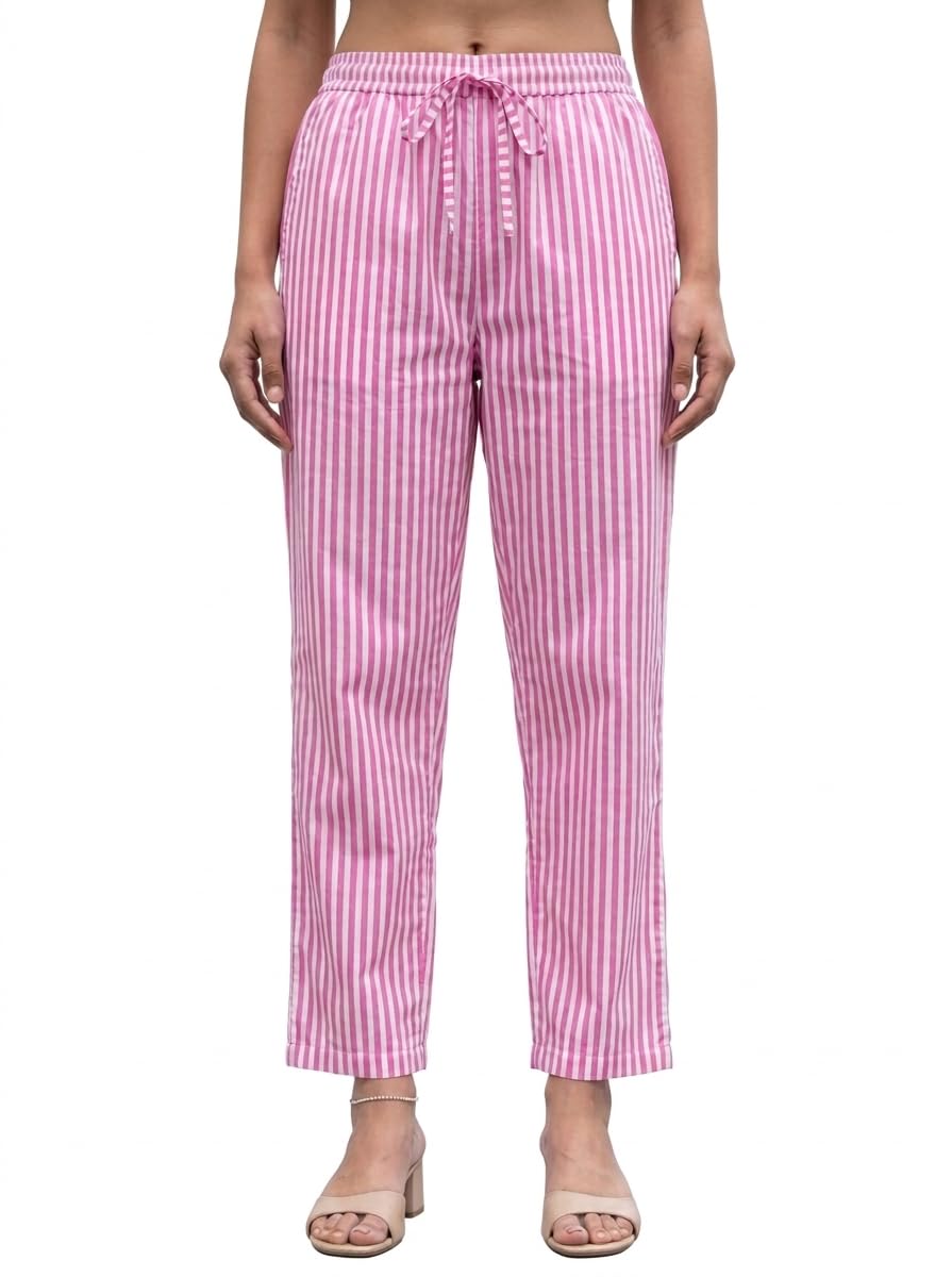 ABVI Women's Premium Cotton Poplin High-Definition Digital Printed Pink and White Striped Trousers | Casual Regular Fit Vertical Stripe Pajama Pants for Ladies-picture-47